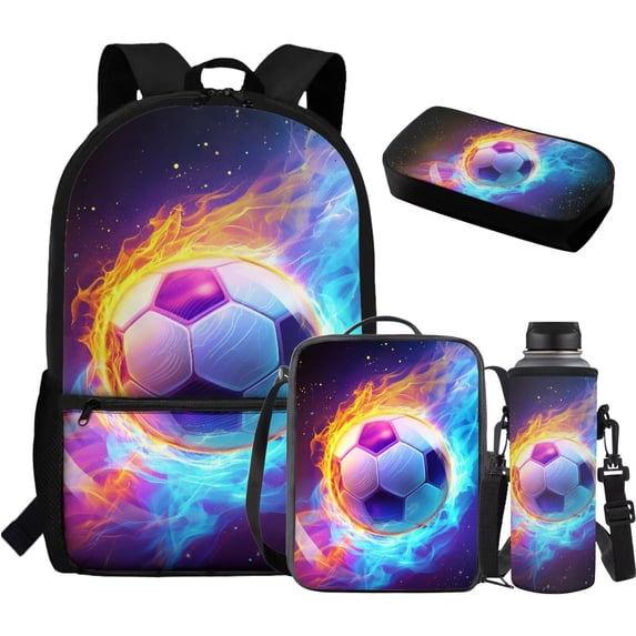 Yuyamidu Cool Soccer Ball 4 Piece Kids Backpack Set 17 Inch with Lunch Bag Pencil Case and Water Bottle Carrier School Backpack for Elementary and Middle School