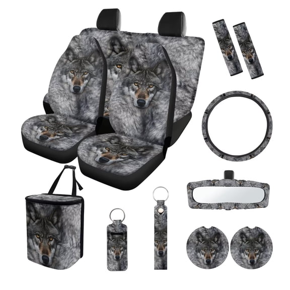 Yuyamidu Cool Wolf Car Seat Covers Full Set of 13 Steering Wheel Cover Seat Belt Cover Trash Bag Rearview Mirror Cover Keyrings Lipstick Holder Auto Accessory Interior Set Decor, Gray