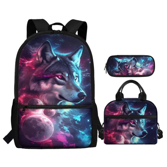 Yuyamidu Cool Wolf Kids Backpack Set of 3 with Lunch Box Kids 5th Grade 3 in 1 Big Capacity School Book Bag Set for Boys Ages 8-11 Insulated Lunch Bag for High School Student School Pencil Bags