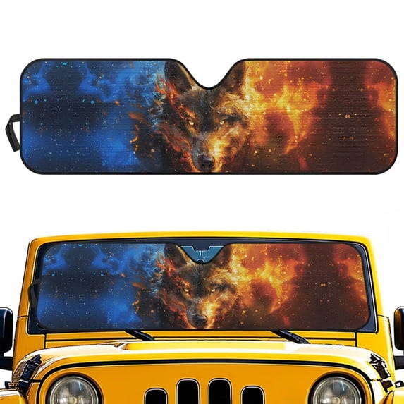 Yuyamidu Cool Wolf Windshield Sun Shade for Jeep Wrangler JK JKU JL JLU1997-2024, Window Sun Visor for UV Rays & Heat Protection, Foldable Windshield Sunshade
