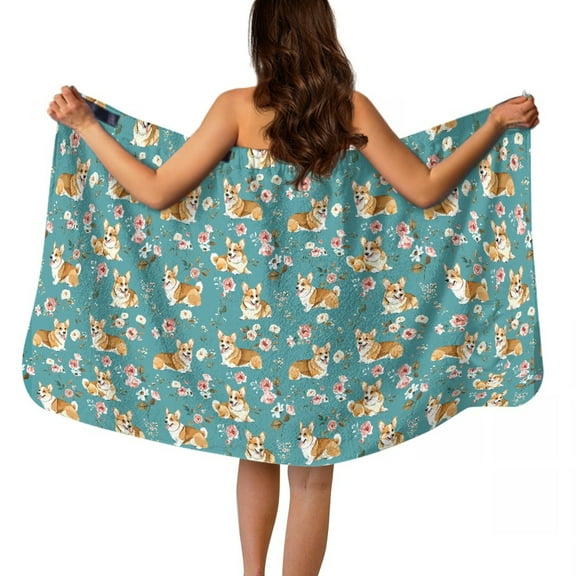 Yuyamidu Corgi Dog Shower Wrap for Women Floral Bath Wrap with Pocket Cozy Bath Body Towel Wrap Breathable Bath Towels Blue Knee Length Spa Shower Wrap Robe Size XL