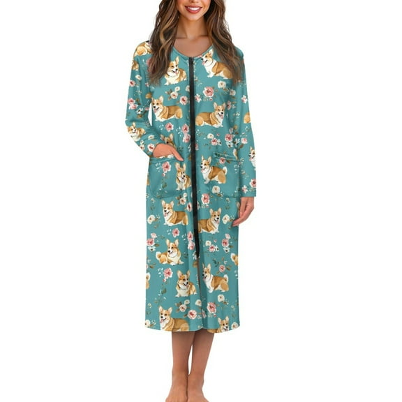 Yuyamidu Corgi Dog Zipper Front Robes for Women Flower Loungewear Ladies Long Sleeve Bathrobe with Pockets Lightweight Sleepwear Size S, Blue Long Night Gowns