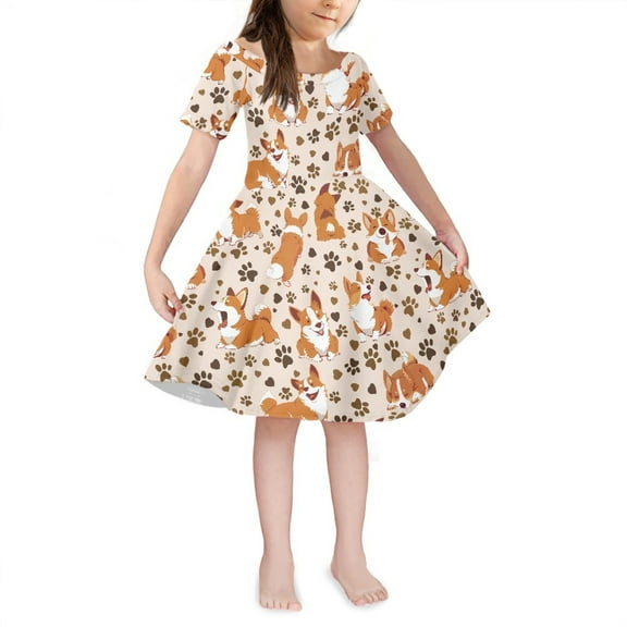 Yuyamidu Corgi Short Sleeve Dress for Teen Girls Dog Paw Summer Party Dresses Casual Party Dress for Kids 7-8 Years Old Softness Outdoor Play Tour Twirly Skater Dress