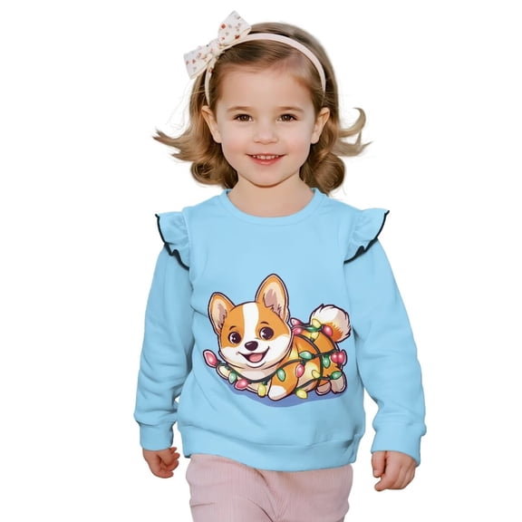 Yuyamidu Corgi Sweatshirt for Girls Size 7-8 Blue Cute Graphic Crewneck Sweatshirts Soft Lightweight Long Sleeve Ruffle Shoulder Pullover Tops for School Outdoor Play