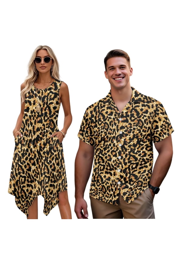 Couple Matching Outfits Womens Summer Dress Cheetah Print Dress Mens Leopard Print Shirt Short Sleeve Matching Cruise Outfits for Couples Asymmetrical Tank Dresses, Size 4XL