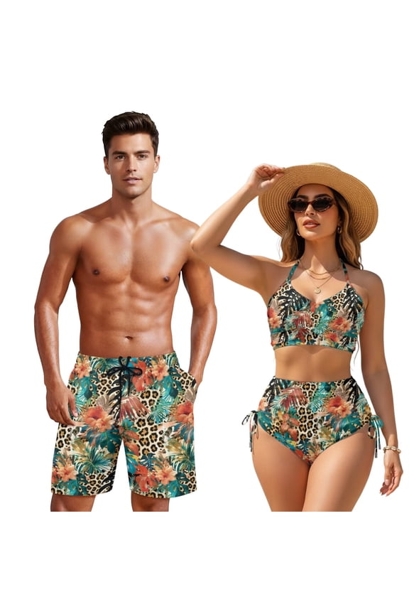 Couple Matching Swimsuits Leopard Print Bikini Mens Floral Swim Trunks Matching Bathing Suits for Couples Womens Two Piece Swimsuit V Neck Twist Front Bathing Suit Woman M