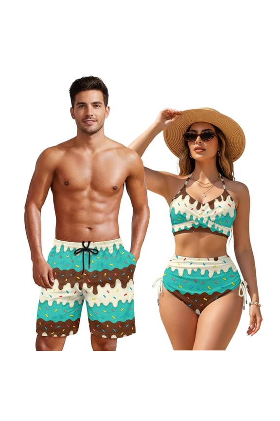 Couple Swimsuits Matching Set Ice Cream Swim Trunks Men Shorts Womens Bathing Suits String Triangle Bikini Sets Halter Triangle Two Piece Bathing Suit Couples Swimwear Man M