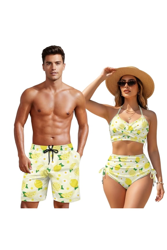Couple Swimsuits Matching Set Lemon Bathing Suits for Women Twist Front Bikini Sets Mens Swim Trunks Matching Bathing Suits for Couples Tummy Control High Waisted Swimwear Woman 3XL