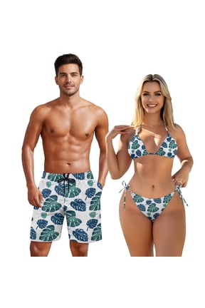 Couple Swimsuits Matching Set Mens Board Shorts Womens Bikini Sets 2 Piece Halter Tie Back Matching Couples Bathing Suits Triangle Summer Vacation Swimwear Monstera Leaves Blue Man 4XL