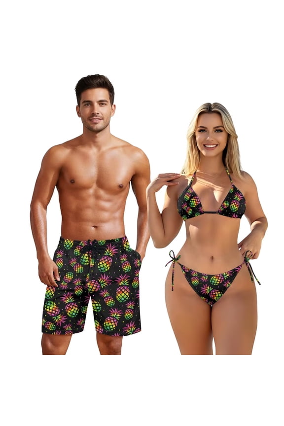 Couple Swimsuits Matching Set Pineapple Bathing Suits for Women Men Swim Trunks Couples Bathing Suits Matching Set Triangle Bikini Sets Women 2 Piece Swimsuits Men Summer Shorts Woman S