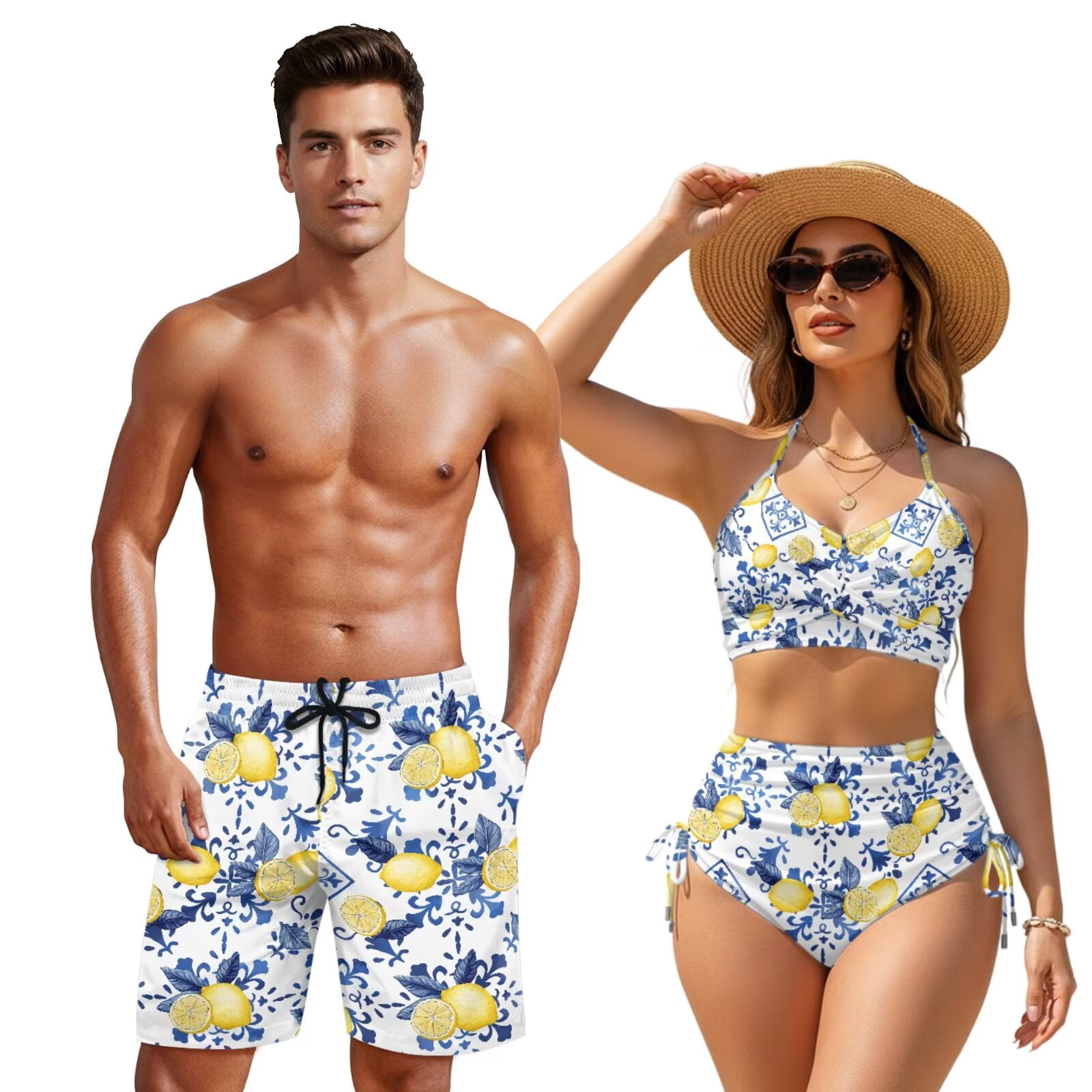 Yuyamidu Couple Swimsuits Matching Set Hibiscus Leopard Swimsuits