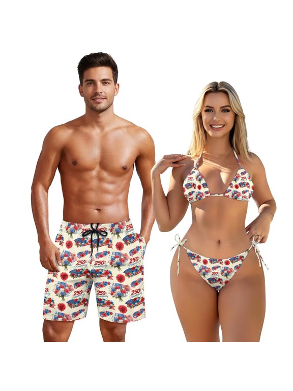 Couples Bathing Suits Matching Set 250th Anniversary USA Flag Swim Trunks Men Summer Shorts American Flag Bathing Suit Women Triangle Bikini Set Cheeky Bikinis Man L