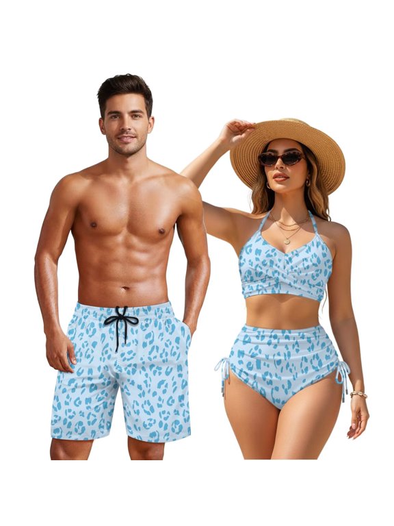 Couples Bathing Suits Matching Set Cheetah Print Bikini Sets for Women Tummy Control Bathing Suit Men Swim Trunks Boardshorts Matching Swimsuits for Couples Woman L