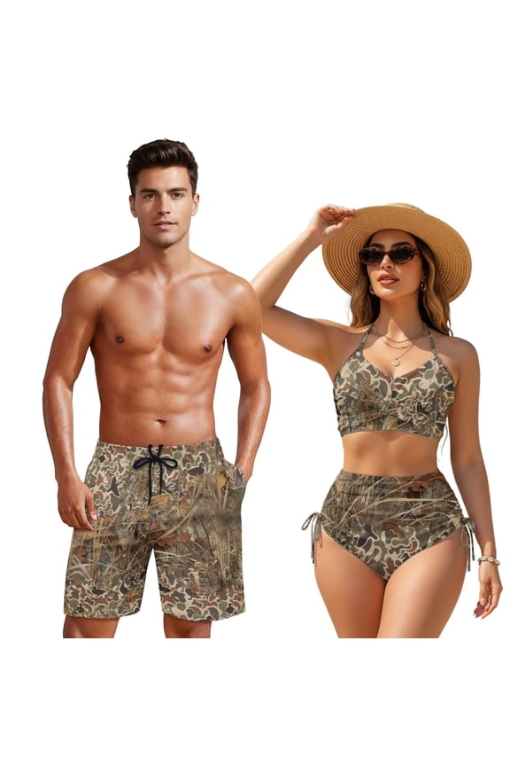 Couples Bathing Suits Matching Set Duck Camo Swim Trunks for Men Shorts High Waisted Ruched Bikini Sets for Women Criss Cross Tie Back Bathing Suit Swimming Trunks with Pockets Man 4XL