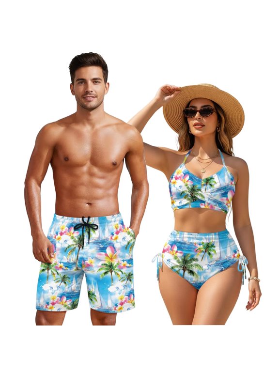 Couples Bathing Suits Matching Set High Waisted Bikini for Women Quick Dry Mens Bathing Suit With Pockets Swim Trunks Quick Dry Two Piece Couples Swimwear Woman XL