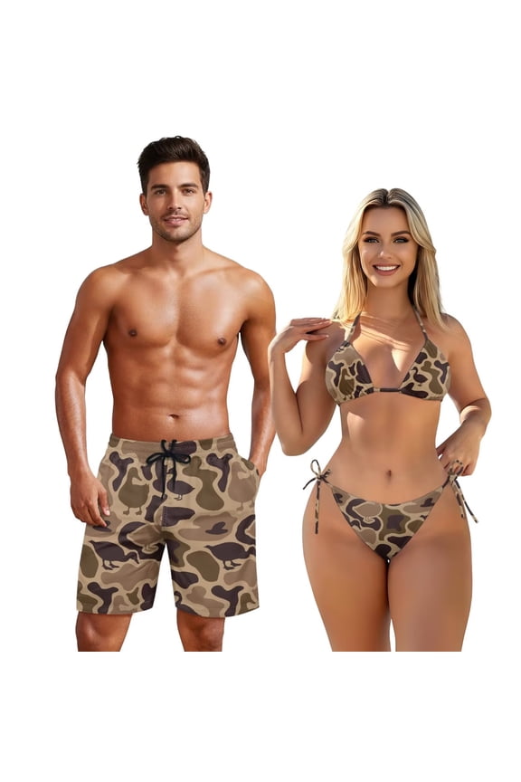 Couples Bathing Suits Matching Set Mens Camo Swim Trunks Halter Bikini Sets for Women Cheeky 2 Piece Bathing Suits Matching Swim Suits Brazilian High Cut Swimsuit Woman M