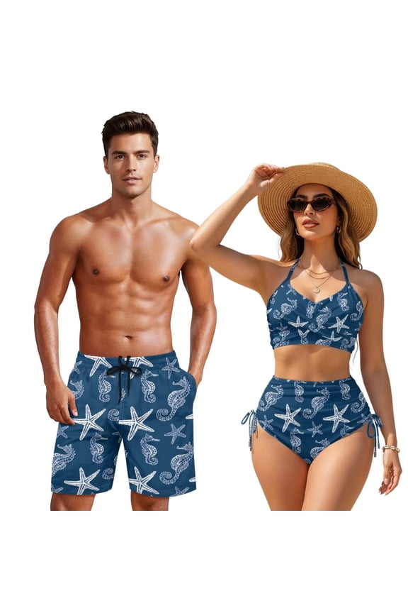 Couples Bathing Suits Matching Set Starfish Men's Board Shorts No Liner Front Cross Bathing Suits Tie Back Tummy Control Swimsuit Couples Matching Swimsuits Man 3XL