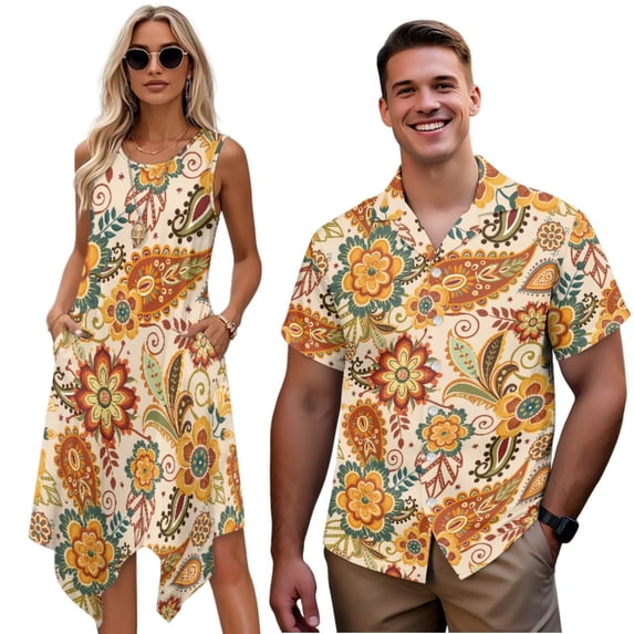 Yuyamidu Couples Matching Outfits Mens Beach Shirts Boho Floral Midi Dresses for Women Mens Collared Shirts Short Sleeve Button Down Asymmetrical Dress with Pockets