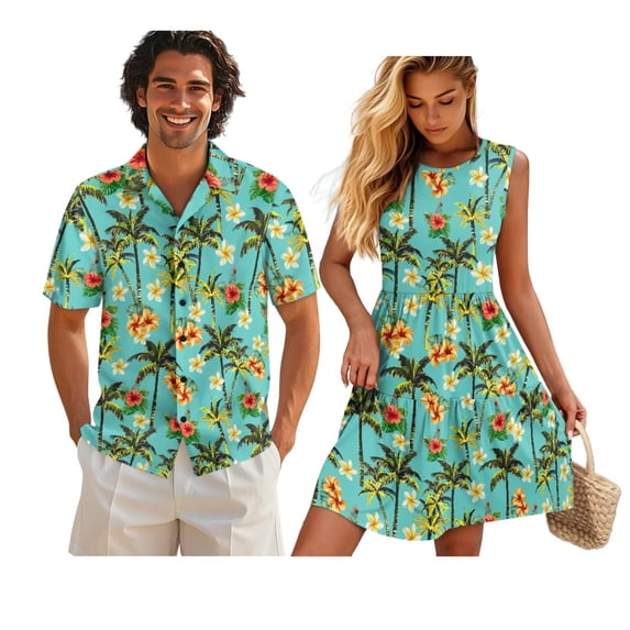Yuyamidu Couples Outfits Matching Sets Summer Casual Dresses for Women 2026 Palm Tree Shirt Men Beach Shirts Short Sleeve Button Up Vacation Shirts Matching Beach Outfits for Couples XL