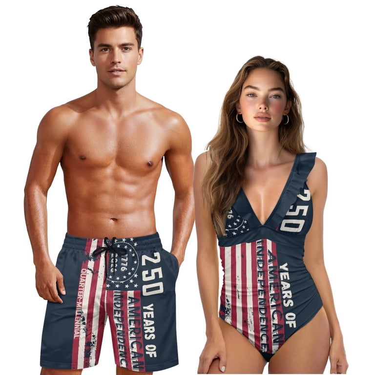 Yuyamidu Couples Swimwear Matching Set 250 Anniversary USA Flag