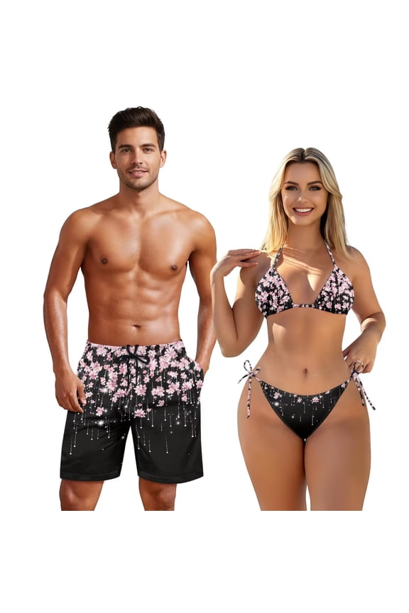 Couples Swimwear Matching Set Cherry Blossom Swimwear Mens Swim Trunks Womens Triangle Bikini Set 2 Piece Sexy Cheeky High Cut Swimsuit Shorts with Pockets Black Woman M