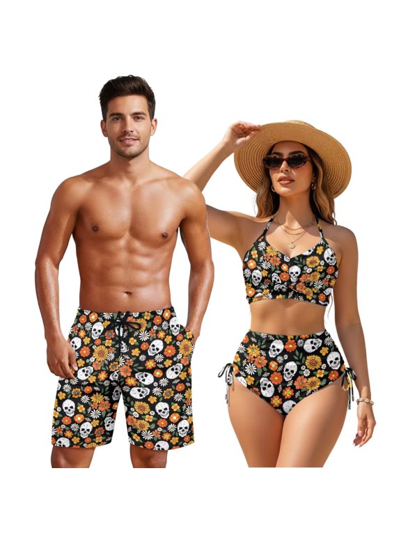 Couples Swimwear Matching Set Goth Swimsuit Skull Bathing Suits for Women Swim Suit Men Beach Shorts Swimming Trunks Husband and Wife Matching Swimsuits Black Man 3XL