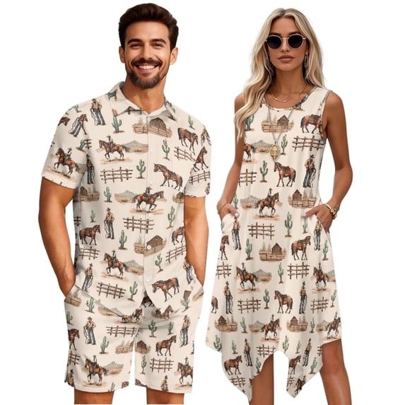 Yuyamidu Couples Vacation Outfits Matching Sets Western Dress for Women Cowboy Shirts for Men Vacation Outfits Asymmetrical Dress for Women Summer Dresses Midi Mens Shirt and Shorts Set Man L