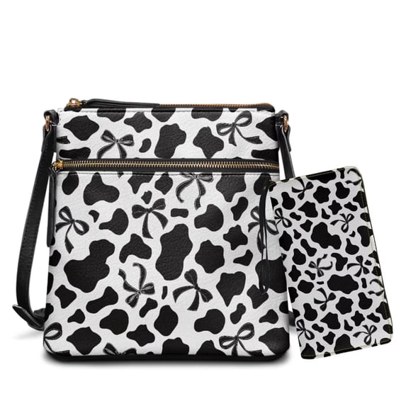 Yuyamidu Cow Print Bow Crossbody Bag Matching Wallet Set for Ladies Women PU Leather Shoulder Handbags Purse and Wallet Set Included Card Slots Holder for Travel, Shopping & Work