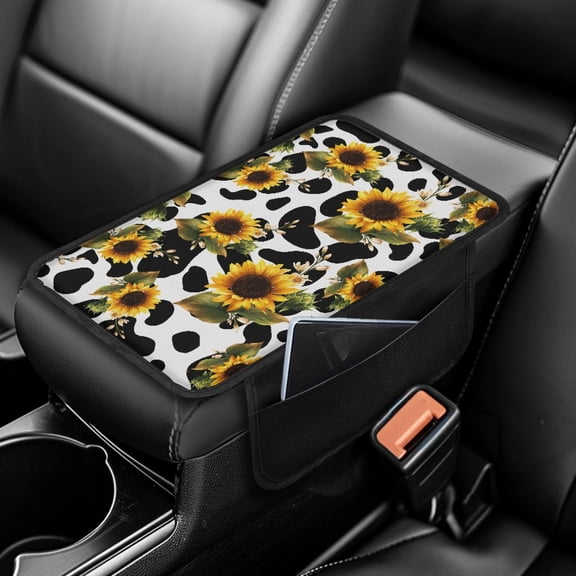 Yuyamidu Cow Print Car Armrest Center Console Cover Sunflower Vehicle Center Console Armrest Cover Pad for Most Car Truck SUV Auto Arm Rest Protector Accessories
