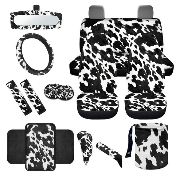 Yuyamidu Cow Print Car Seat Cover Full Set of 14 Cute Steering Wheel Cover Seatbelt Pads Auto Armrest Cover Trash Bin Rearview Mirror Cover Handbrake Cover Set Coasters for Van SUV Sedan