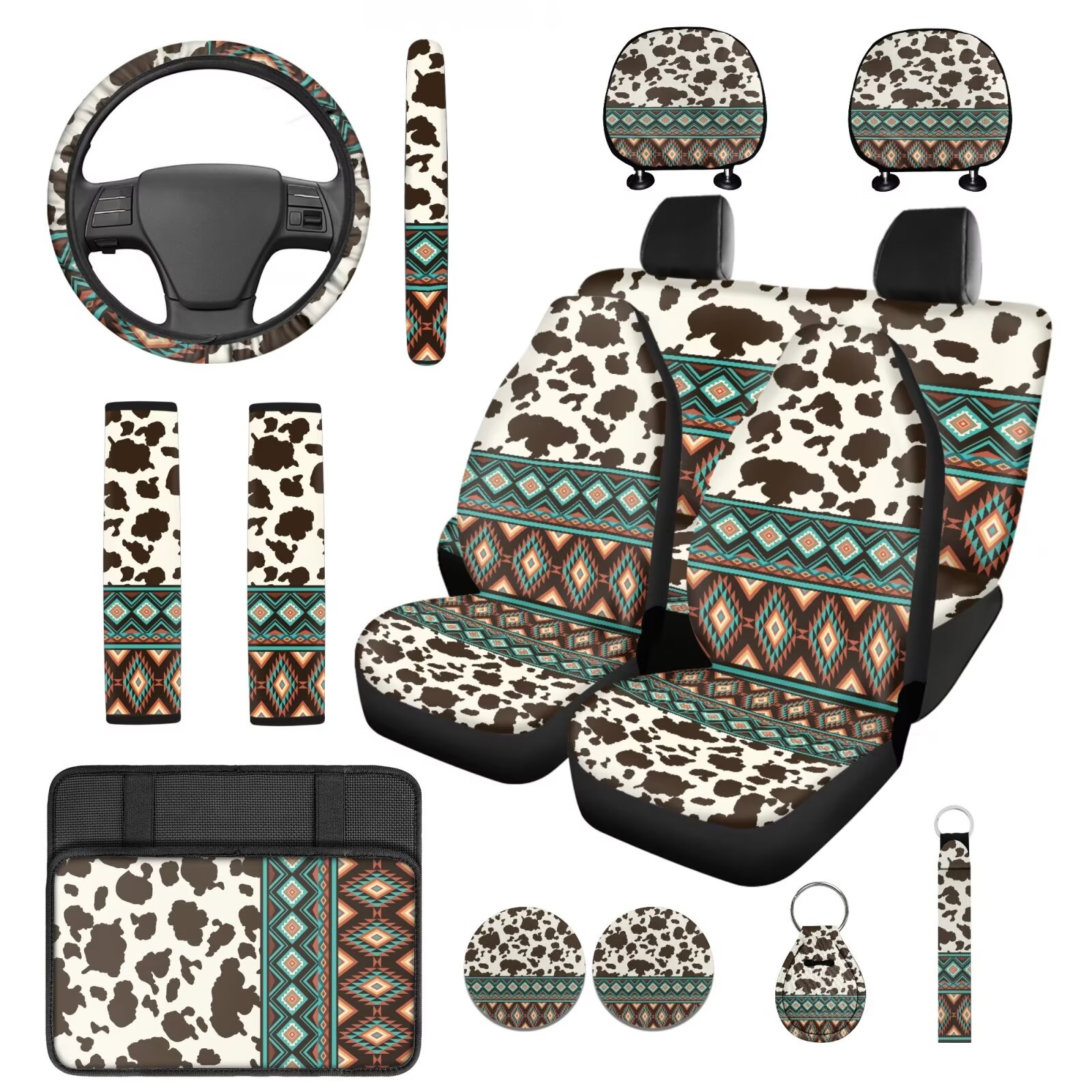 Yuyamidu Cow Print Car Seat Cover Full Set of 14 Southwest Aztec Steering Wheel Cover Seat Belt Covers Center Console Pad Cup Holder Headrest Covers Key Chain