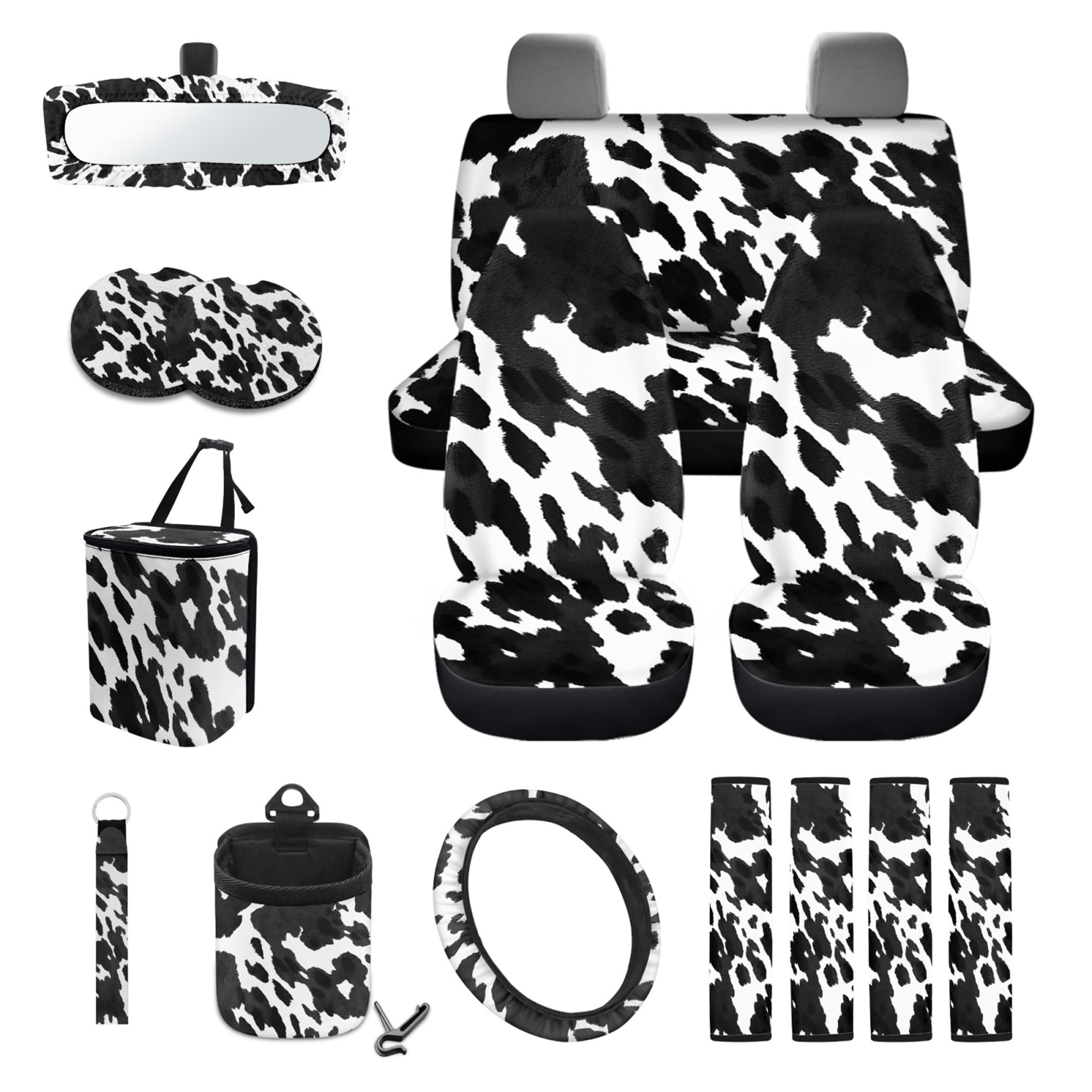 Yuyamidu Cow Print Car Seat Cover for SUV Truck Sedan Steering Wheel Cover Seat Belt Strap Pad Trash Bag Hanging Air Vent Storage Bag Rearview Mirror Accessory Cup Holder Key Chain 15 Pieces