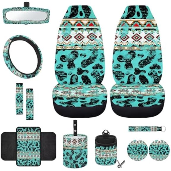 Yuyamidu Cow Print Front Car Seat Cover Set with Steering Wheel Cover Seat Belt Covers Aztec Tribal Armrest Cover Garbage Can Air Vent Pouch Rearview Mirror Cover Coasters Keychain, 12 Pack