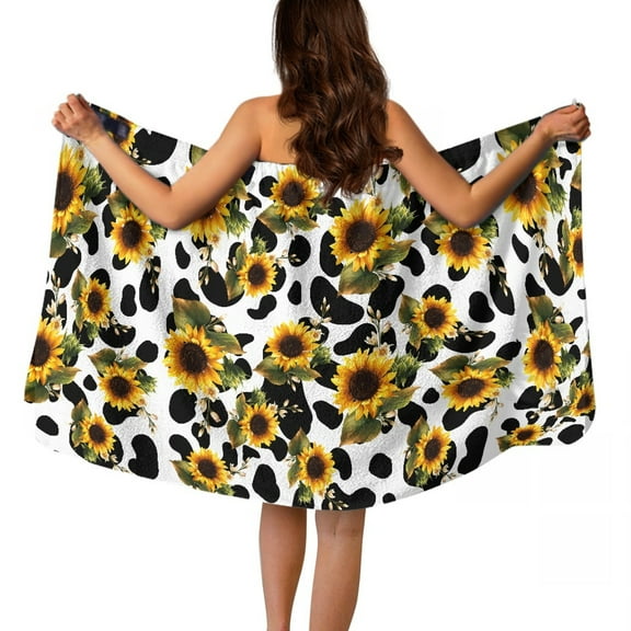 Yuyamidu Cow Print Shower Wrap Towel for Women Size XL Sunflower Towel Wrap for Ladies Soft Bath Wrap for Sauna Beach Pool Comfy Knee Length Bath Towels with Pocket