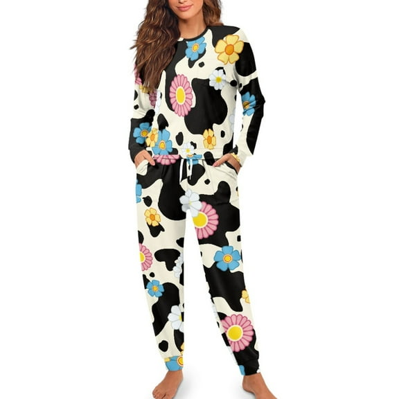 Yuyamidu Cow Print Womens Pajama Sets Long Sleeve Long Pants with Pockets Soft Scoop Neck Nightwear Set of 2 Hippie Flower Yaga Sleep Wear for Women Size 2XL
