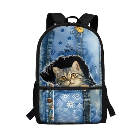 Yuyamidu Cowboy Cat Backpacks for Boys Cute School Backpack Polyester Schoolbags with Bottle Side Pockets, Students Supplies Teen Girls School Bookbag
