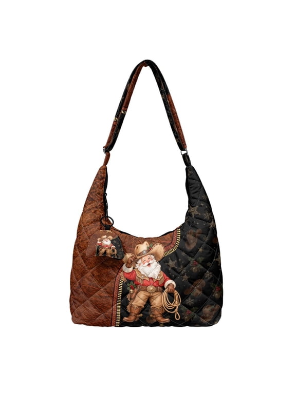 Cowboy Santa Quilted Hobo Bag for Women Shoulder Bag Christmas Bible Tote Bag with Matching Mini Pendant and Adjustable Strap Zipper Closure for Shopping Trips
