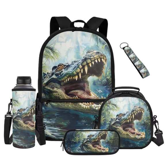 Yuyamidu Crocodile School Backpack for Boys 8-10, 3rd-4th Grade, 17 Inch Lightweight Bookbag Set with Lunch Box, Water Bottle Sleeve, Pencil Case & Keychain, 5 Piece Back to School