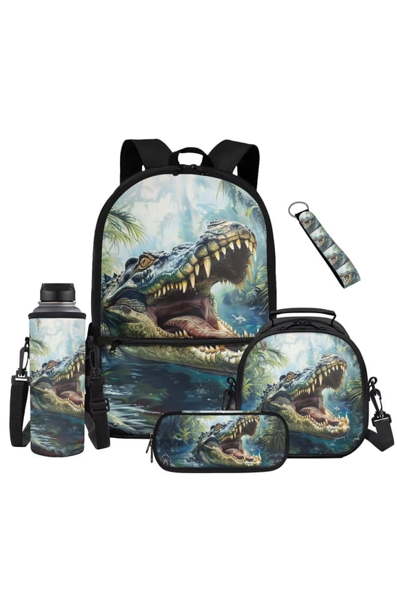 Crocodile School Backpack for Boys 8-10, 3rd-4th Grade, 17 Inch Lightweight Bookbag Set with Lunch Box, Water Bottle Sleeve, Pencil Case & Keychain, 5 Piece Back to School