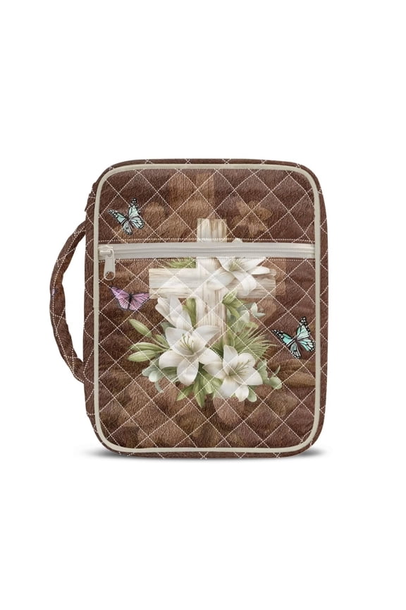 Cross Bible Cover Case for Women White Lily Bible Tote Bags Organizer Quilted Carrying Case Study Supplies Accessories Christian Gifts for Women, Brown