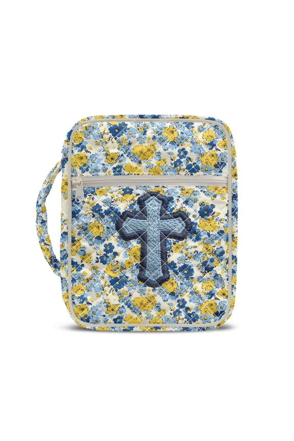 Cross Bible Cover Case for Women Yellow Blue Flowers Quilted Bible Carrying Case Portable Zipper Bible Cover Protective Bible Carrying Case Bag with Tote Handle