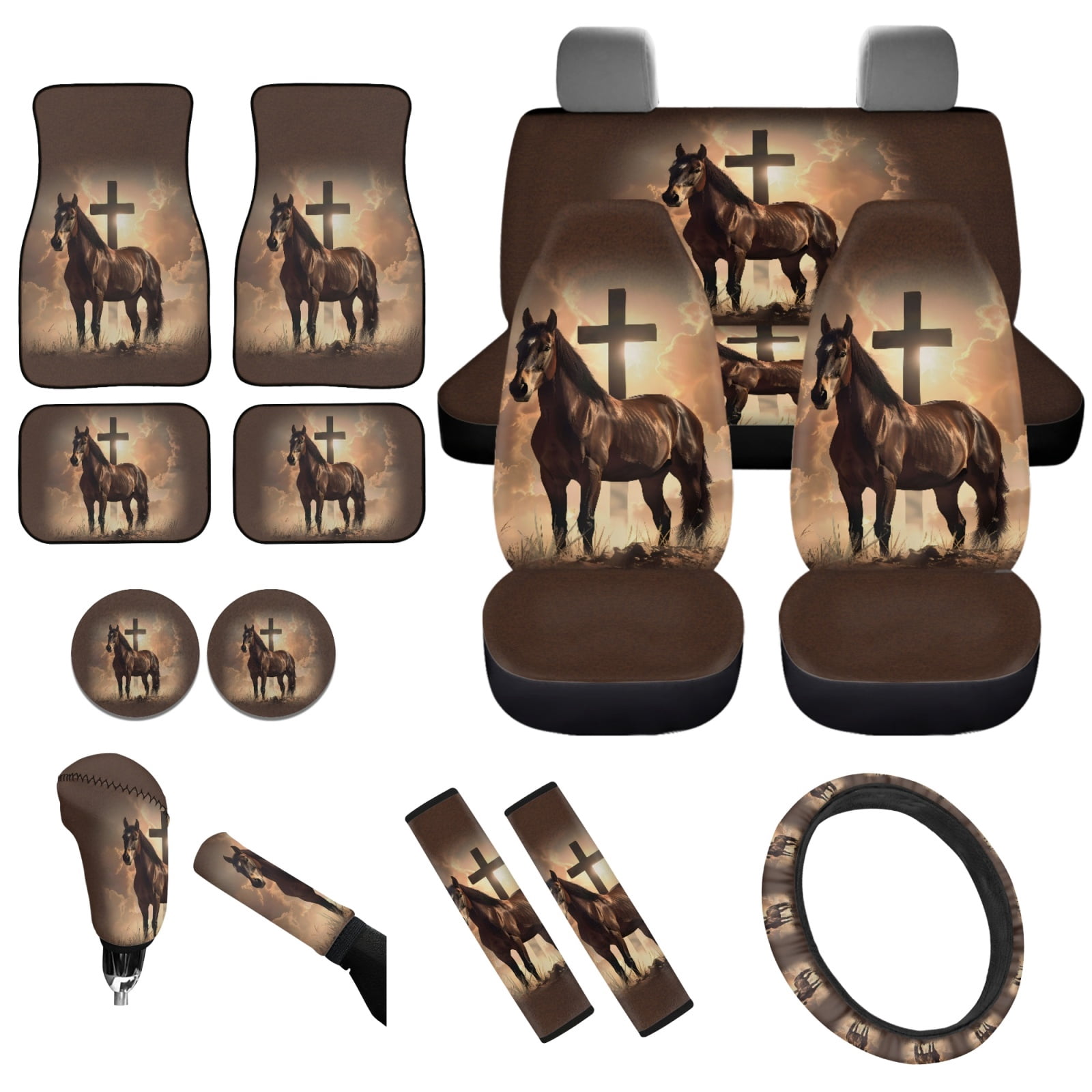 Yuyamidu Cross Car Seat Cover Full Set with Auto Floor Mats Steering Wheel Cover Horse Car Seatbelt Pads Coasters Handbrake Gear Shift Knob Cover 15pcs Car Accessories Set, Brown