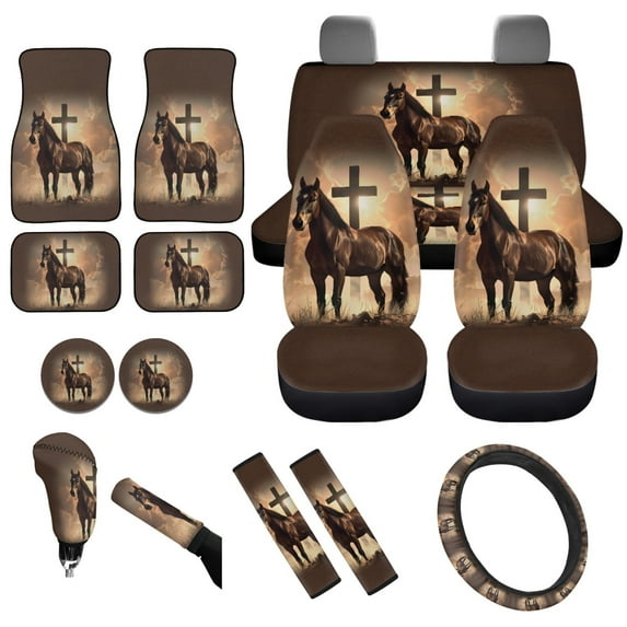 Yuyamidu Cross Car Seat Cover Full Set with Auto Floor Mats Steering Wheel Cover Horse Car Seatbelt Pads Coasters Handbrake Gear Shift Knob Cover 15pcs Car Accessories Set, Brown