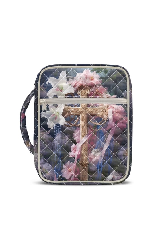 Cross Large Bible Cover Bible Case for Women Lily Pink Flowers Book Case with Handle Portable Church Bag Study Supplies Accessories for Christians