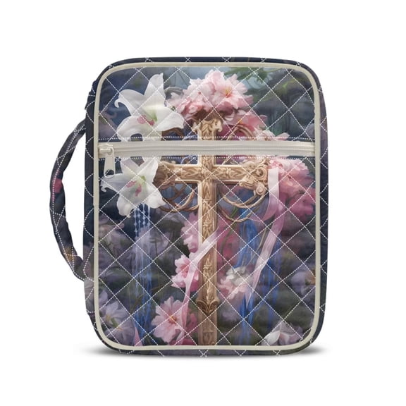 Yuyamidu Cross Large Bible Cover Bible Case for Women Lily Pink Flowers Book Case with Handle Portable Church Bag Study Supplies Accessories for Christians