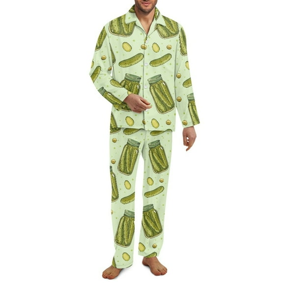 Yuyamidu Cucumber Long Sleeve Button up Pajama Set Men 2 PCS Pajamas Sets Green Pjs Loungewear Size 2XL Loose Notch Collar Sleepwear Mens Casual Pj Pants with Pockets
