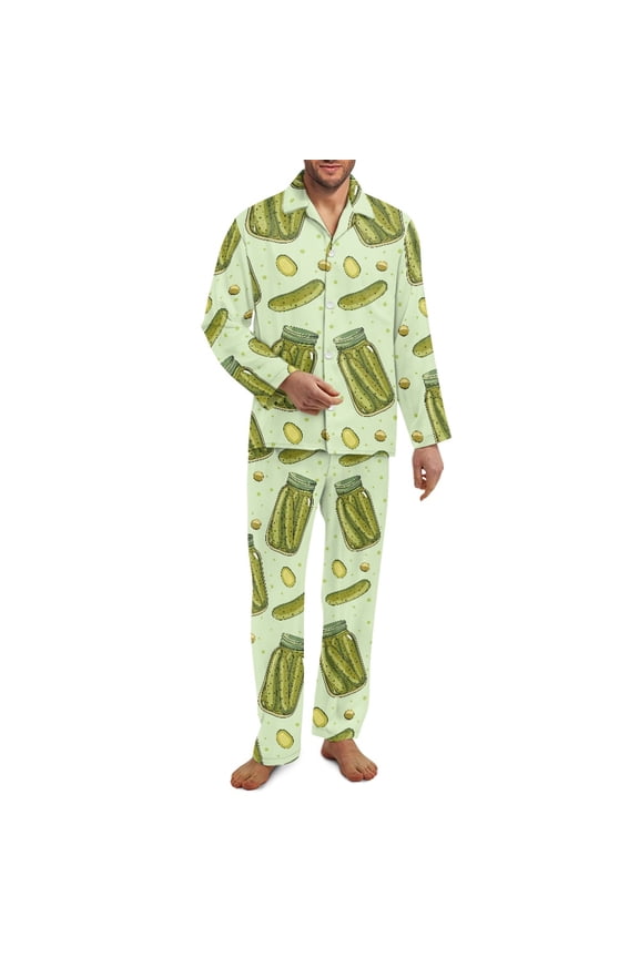 Cucumber Long Sleeve Button up Pajama Set Men 2 PCS Pajamas Sets Green Pjs Loungewear Size 3XL Loose Notch Collar Sleepwear Mens Casual Pj Pants with Pockets