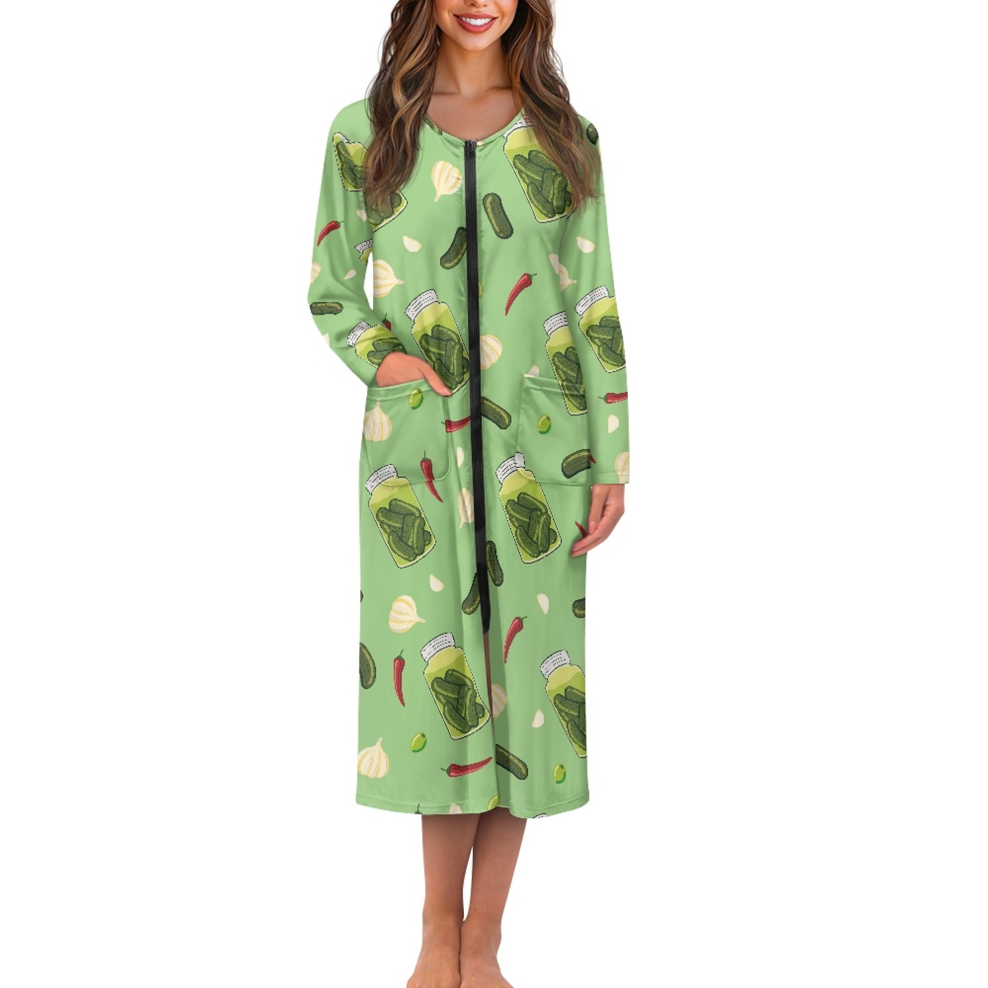 Yuyamidu Cucumber Long Zip Up Bathrobes for Women Long Sleeve Robes ...