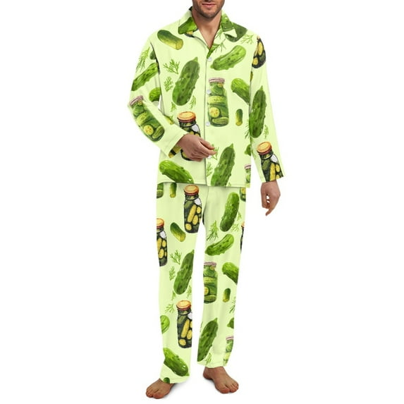 Yuyamidu Cucumber Men Button Down Pajamas Sets Green Long Sleeve Sleepwear Shirt Pant Set of 2 Home Lounge Wear Daily Wear Clothes Casual V Neck Nightwear Size M