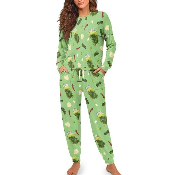 Yuyamidu Cucumber Pajama for Women 2 Pieces Pepper Pajamas Tee and Pant 2 Piece Pj Set Green O Neck Loungewear Size M Casual Long Sleeve Sleepwear with Drawstring